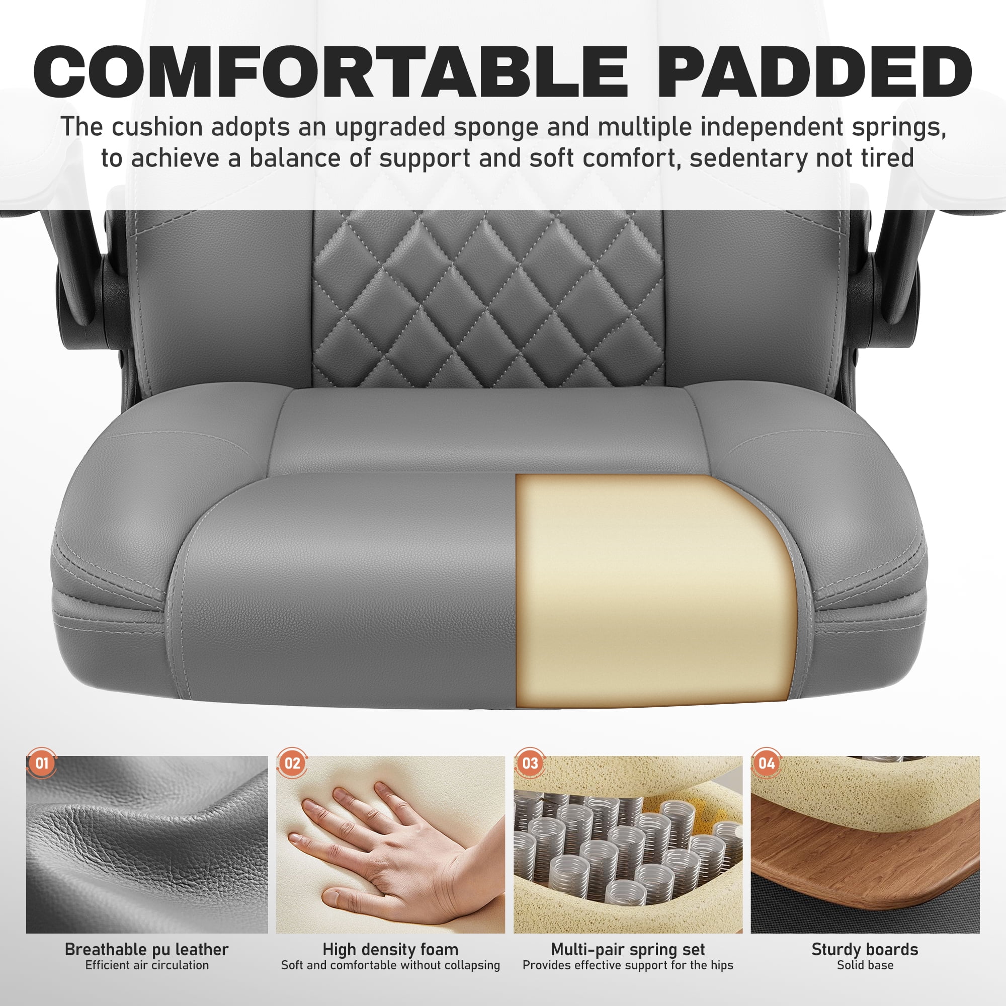 COOLHUT Office Chair, Executive Leather Chair Home Office Desk Chairs, Computer Chair with Adjustable Flip-up Padded Arms, Lumbar Support Swivel Desk Chair with Adjustable Hight and Tilt, Gray