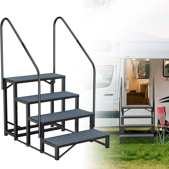 Rv Steps with Handrail 4 Step,Hot Tub Steps with Anti-Slip Mats,Heavy Duty Metal Mobile Home Stairs,Camper Steps for Travel Trailer,Portable Step Ladder for Spa,Pool and Porch