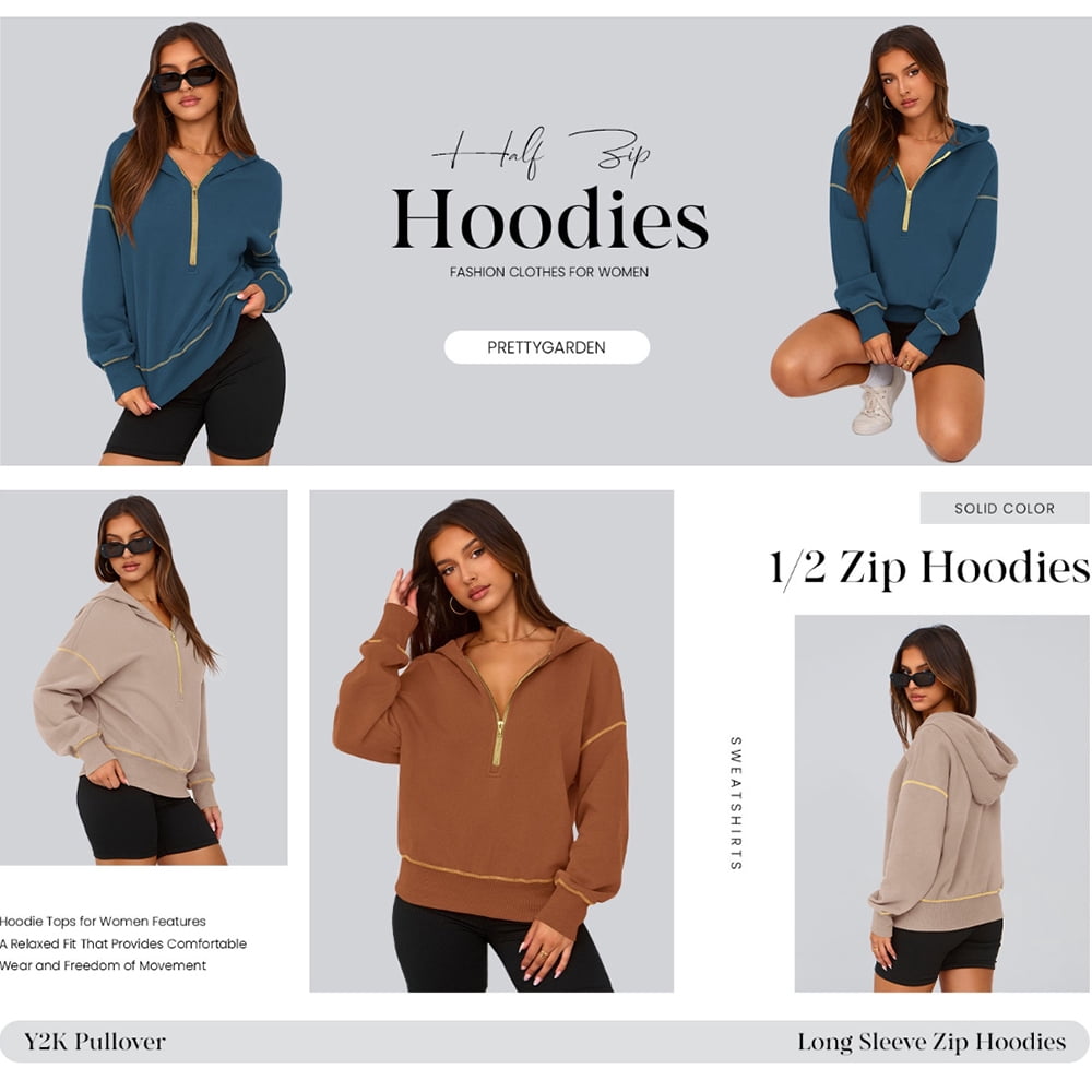 PRETTYGARDEN Women's Hooded Sweatshirts Long Sleeve Half Zip Cropped Hoodie Pullover Winter Fashion Clothes
