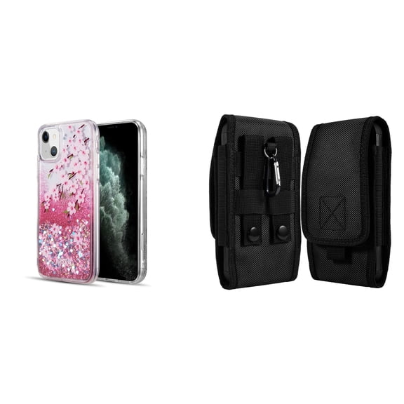 Liquid Glitter Case for iPhone 14 and Belt Holster Pouch - Cherry Blossom