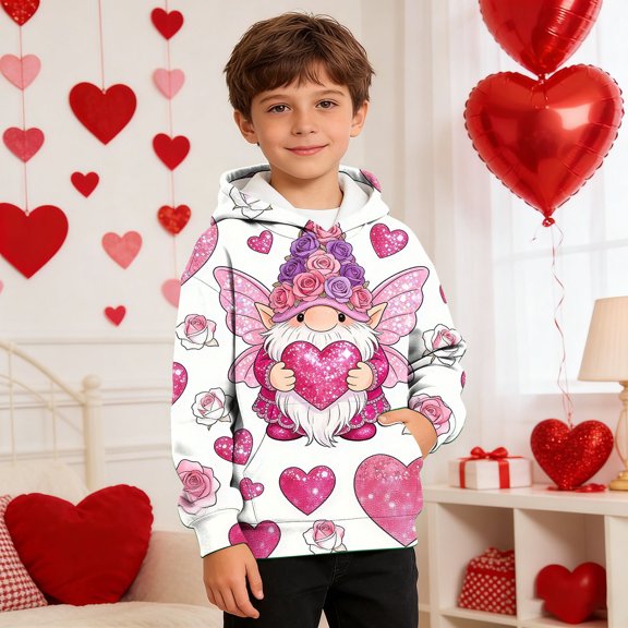 Girls Valentine's Day Fairycore Gnome Hoodie Multicolor All Over Print with Sparkle Hearts and Roses,Size 10 T