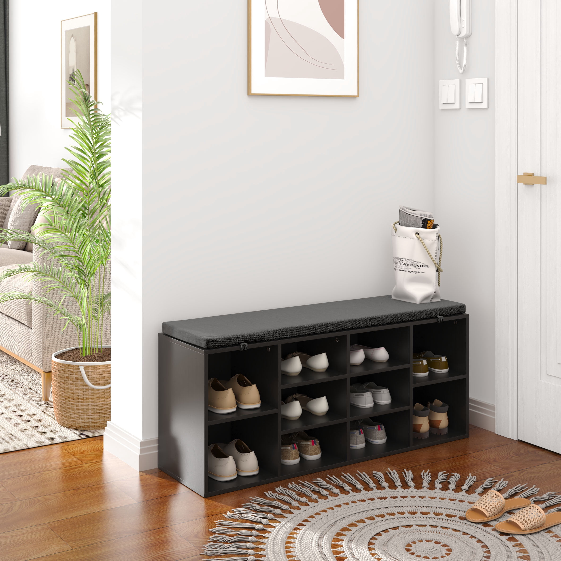 Shoe Storage Bench, 10 Cubbies Storage Rack Bench with Padded Seat, Space Saving Shoe Shelf for Entryway, Living Room, Hallway, Bedroom,Black
