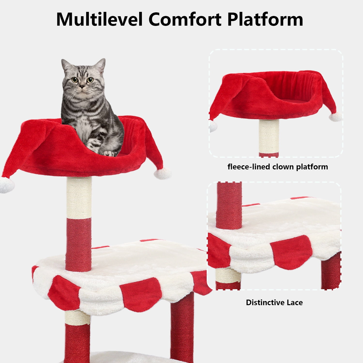 Cat Tree with Cozy Perch & Scratching Posts, Red & White Design Multi-Level Cat Furniture for Kittens/Cats to Climb, Rest & Play