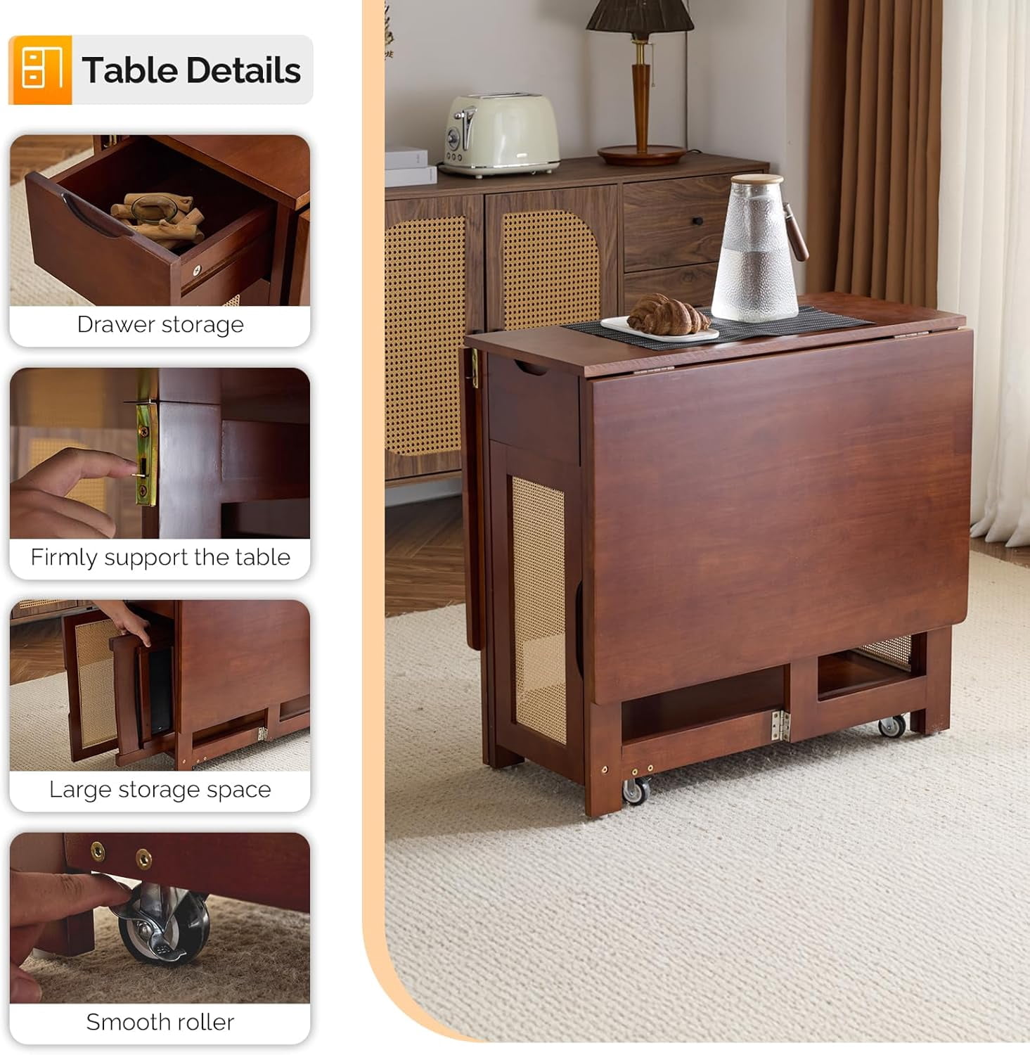 VINGLI Folding Dining Table Extendable Drop Leaf Foldable Table 5 Piece with 4 Chairs 2 Drawers and Wheels for Kitchen Space Saving，Natural