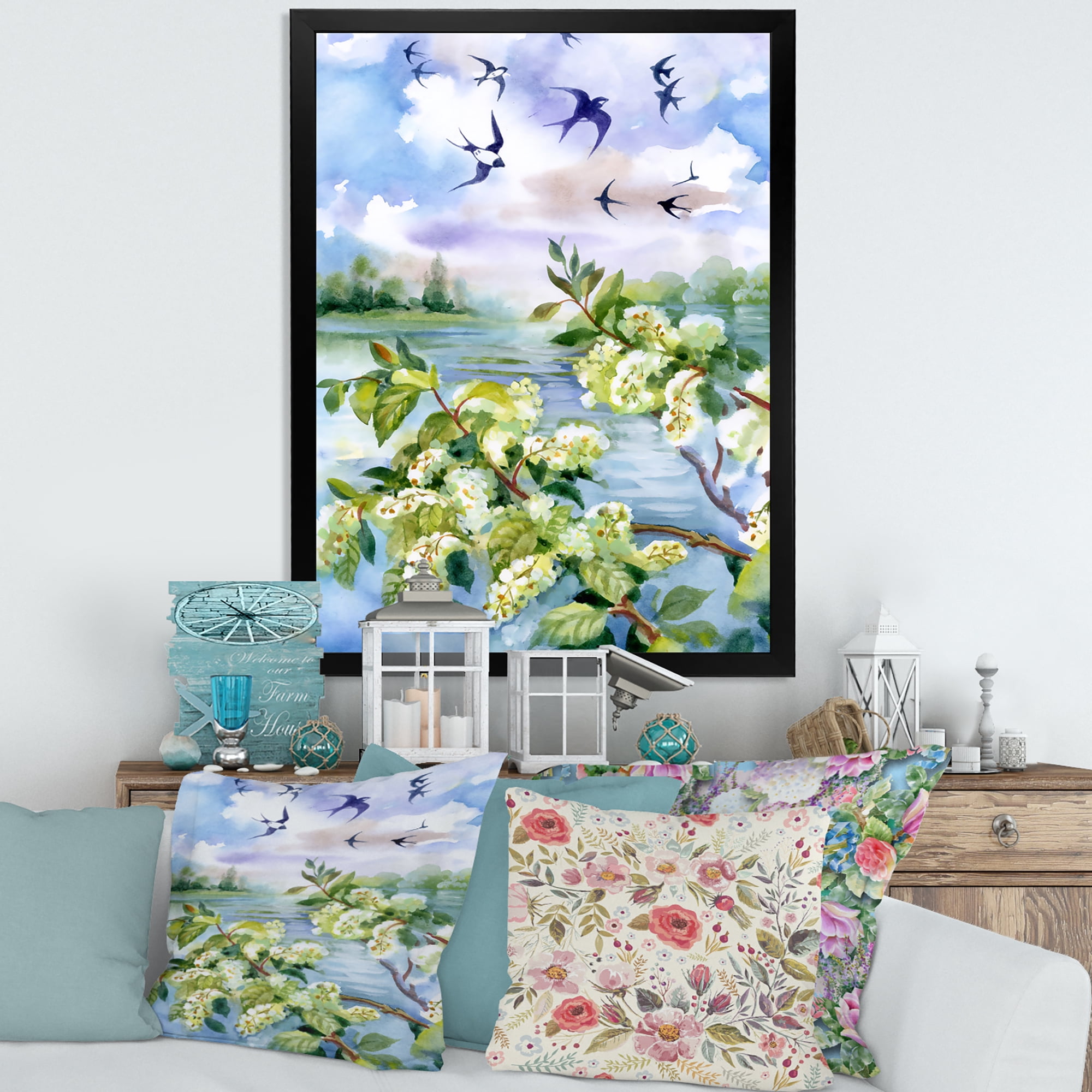 Flowers of The Cherry Blossoms On A Spring Day Landscape 12 in x 20 in Framed Painting Canvas Art Print, by Designart