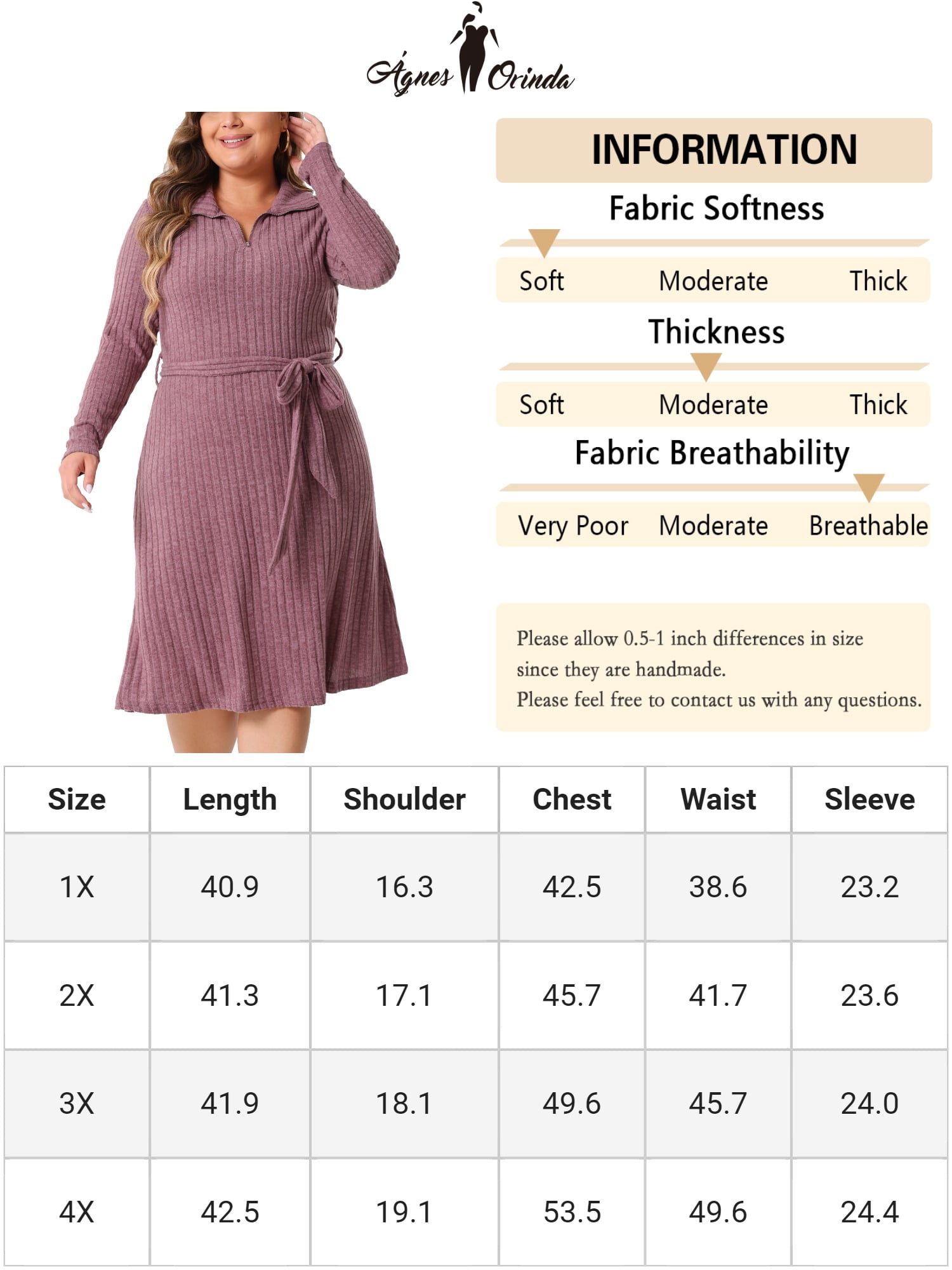 DARING DIVA Plus Size Ribbed Sweater Half Zip Front and Tie Waist Dress 1X Purple