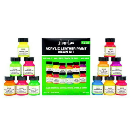 UPC: 0086366725139 | Angelus Acrylic Leather Paint Neon Color Kit 12 Colors 1Oz
