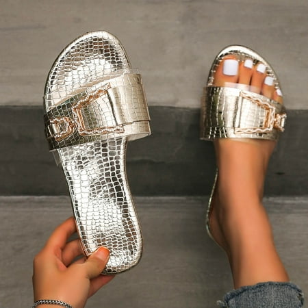 

women s fashion large size solid color textured metal buckle flat sandals slippers