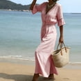 thumbnail image 4 of Wide Leg Pants Women's Fashion Solid V-Neck Short Sleeve Beach Vacation Pockets Button Long Jumpsuit Pink S, 4 of 6