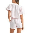 thumbnail image 3 of Hauaitttt Women Peplum Shirt Shorts Set Two Piece Set Pajamas Sets Puff Sleeve Tie Front Top 2pcs Outfits Set Shorts Two Piece Outfits Two Piece Summer Clothes for Women Bathing Suits Tops for Women, 3 of 8