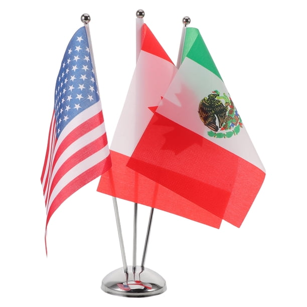 Juego de banderas de mesa en miniatura de EE. UU., Canadá y México: decoración de escritorio, pancarta de oficina con soporte de acero inoxidable para reuniones y eventos internacionales.