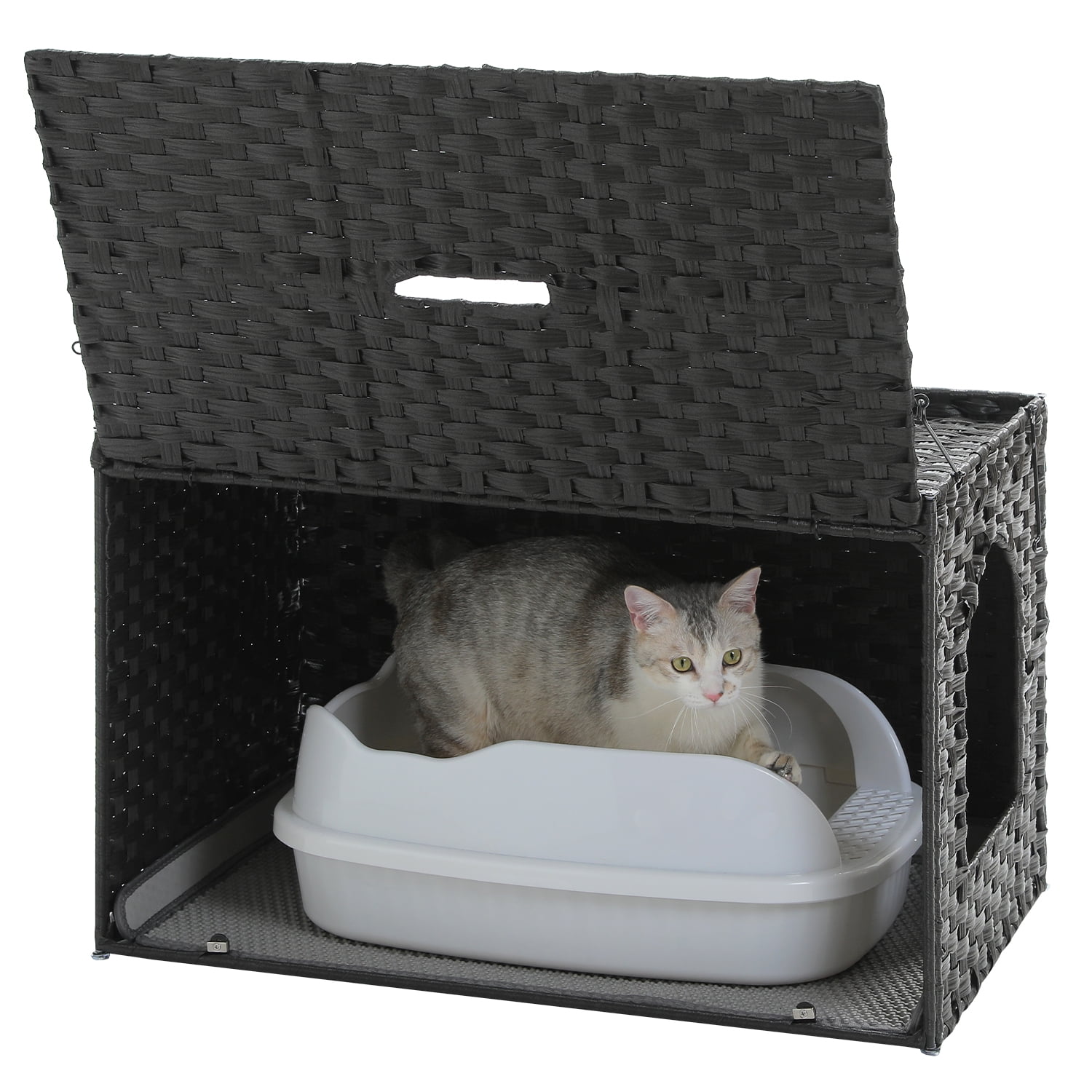 PEQULTI Rattan Cat Litter Box Enclosure Pet House with Taller Doorway for Large Cats Indoor Black