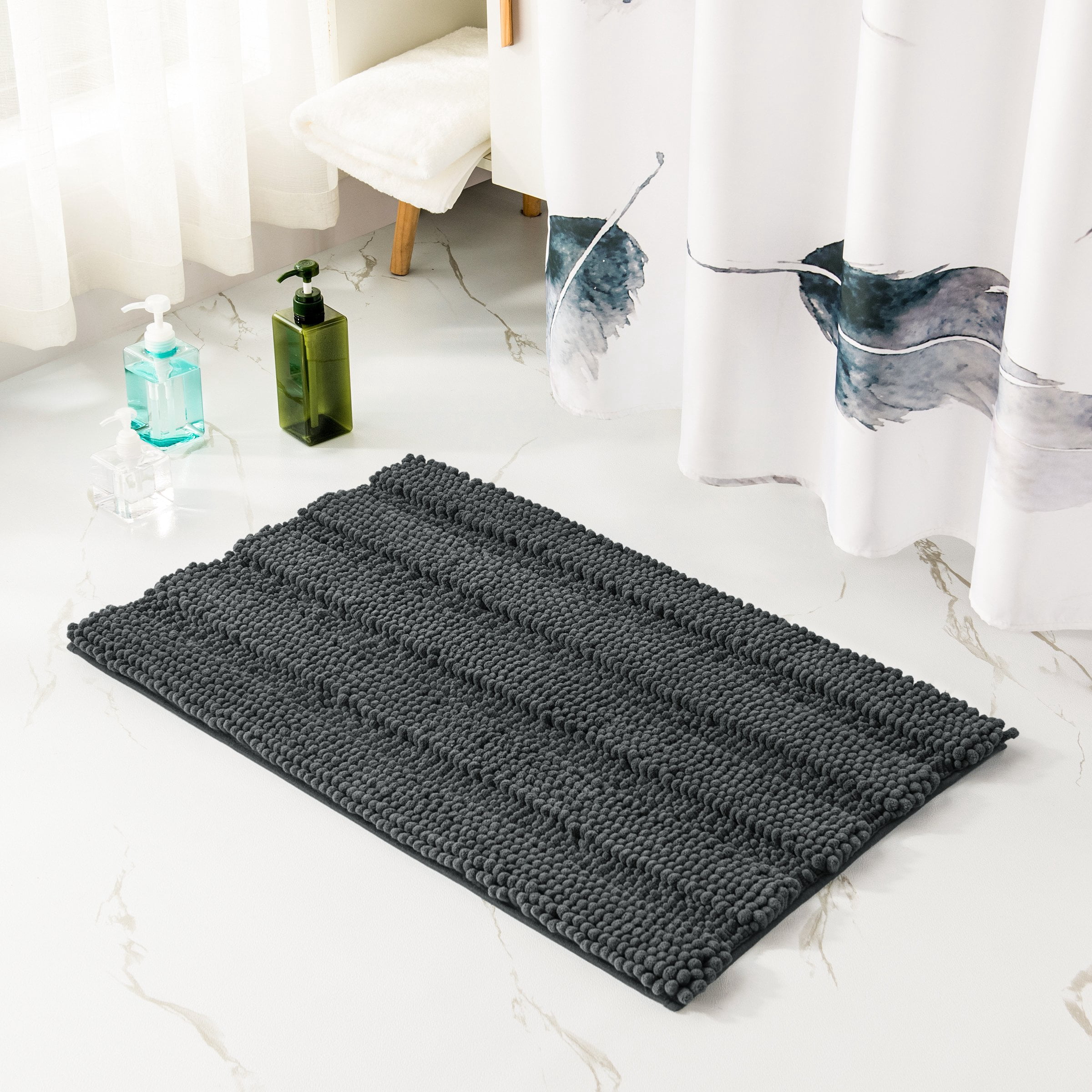 Subrtex Non-Slip Bathroom Rugs Chenille Soft Striped Plush Bath Mat (Gray, 18" x 48")