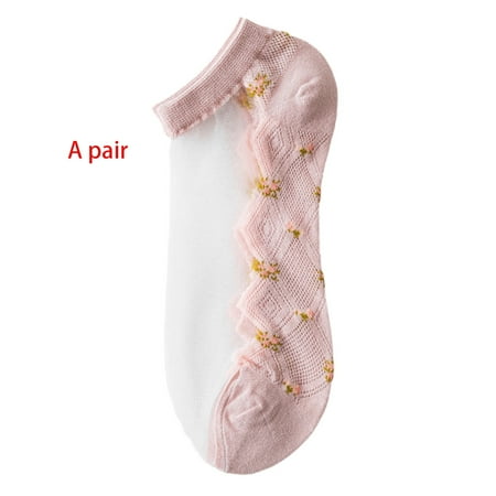 

Female Glass Fiber Boat Socks Floral Jacquard Rhombus Mesh Bottom Short Hosiery