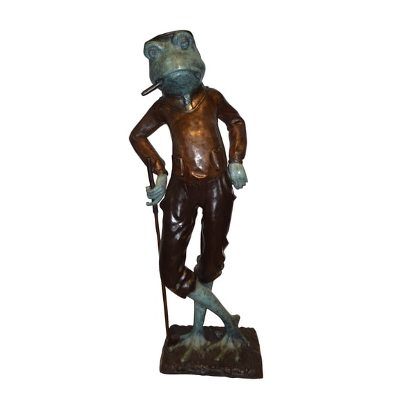 Frog With Cigar Plays Golf Bronze Statue - Size: 24"L x 15"W x 64"H.