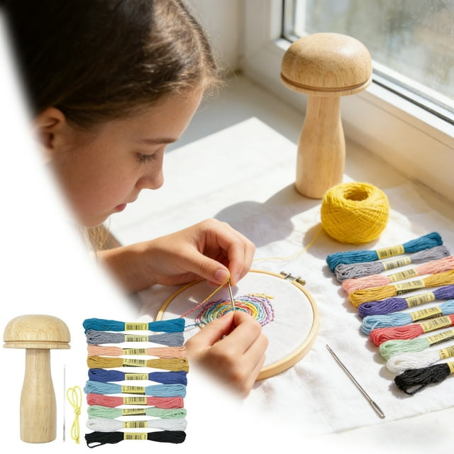 Mush Room Knit Patch With Large Eye Needles 10 Color Threads For DIY Weaving Darning For Beginners Mending Jeans Socks
