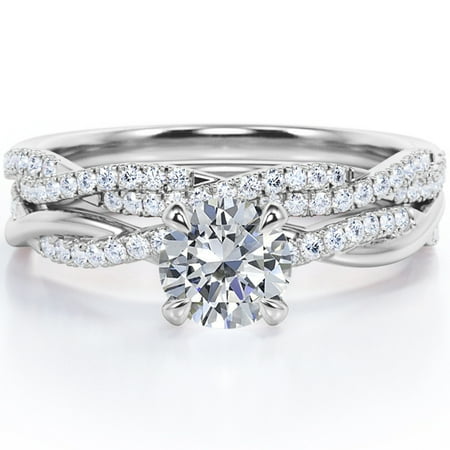 JeenMata Twisted Pave - 1.75 Carat Round Shaped Moissanite - Four Prong Wedding Set - 18K White Gold Plating over Silver