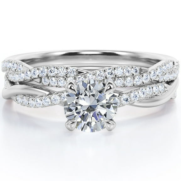 JeenMata Twisted Pave - 1.75 Carat Round Shaped Moissanite - Four Prong Wedding Set - 18K White Gold Plating over Silver