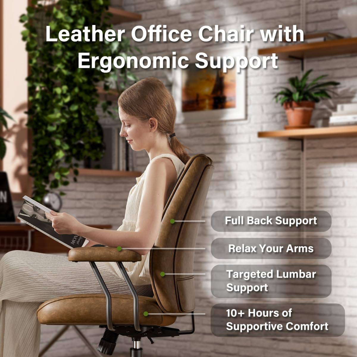 Genpo Brown Leather Office Chair with Wheels Rubber Casters, Padded Arms and Adjustable Height, Mid Century Modern Style Vintage Desk Chair