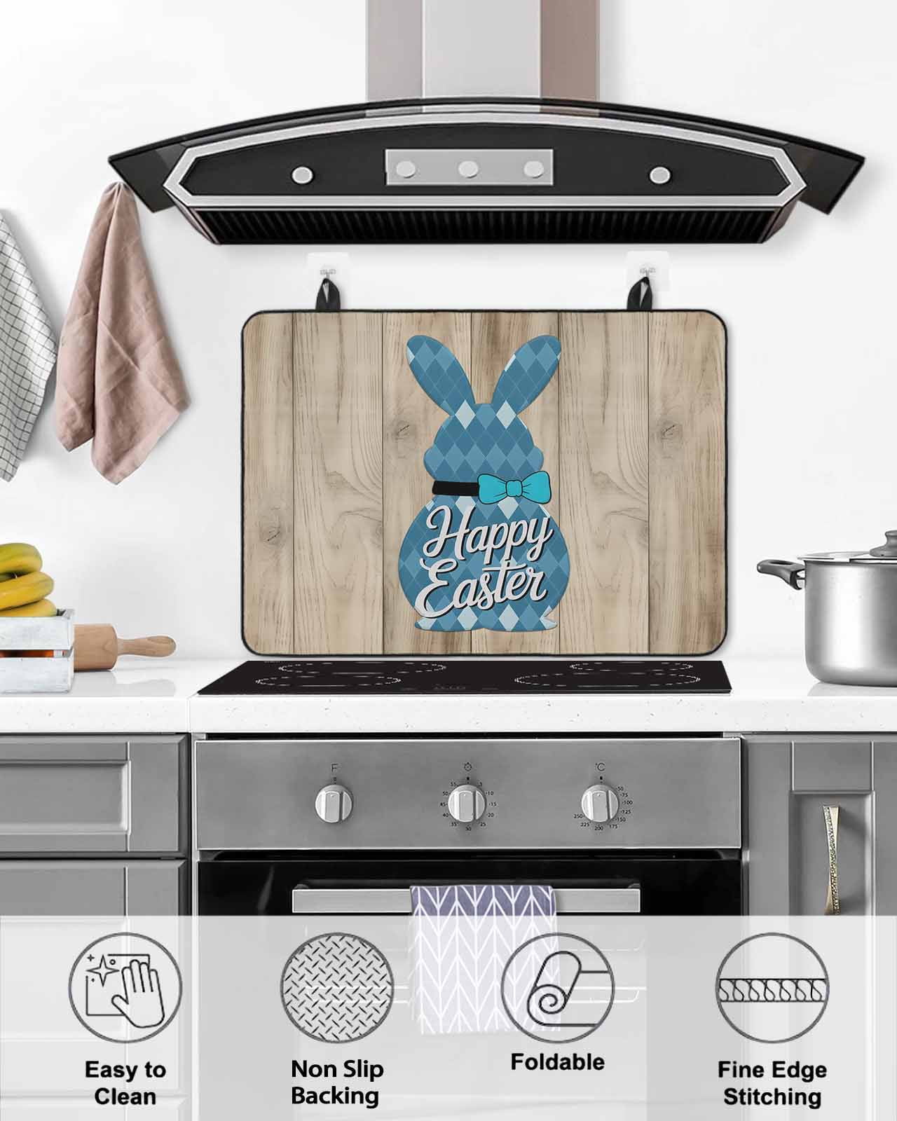 Large Induction Cooktop Protector Mat Easter Stove Top Covers for Electric Stove, Vintage Blue Cute Rabbit Brown Wooden Grain Decorative Stove Burner Cover Mats, Glass Top Stove Cover