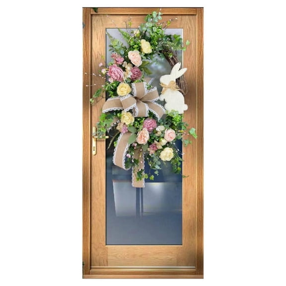 16 Inch Easter Bunny Wreath for Front Door with Artificial Green Leaves Flowers Burlap Bow for Spring Home Wall Hanging Decor