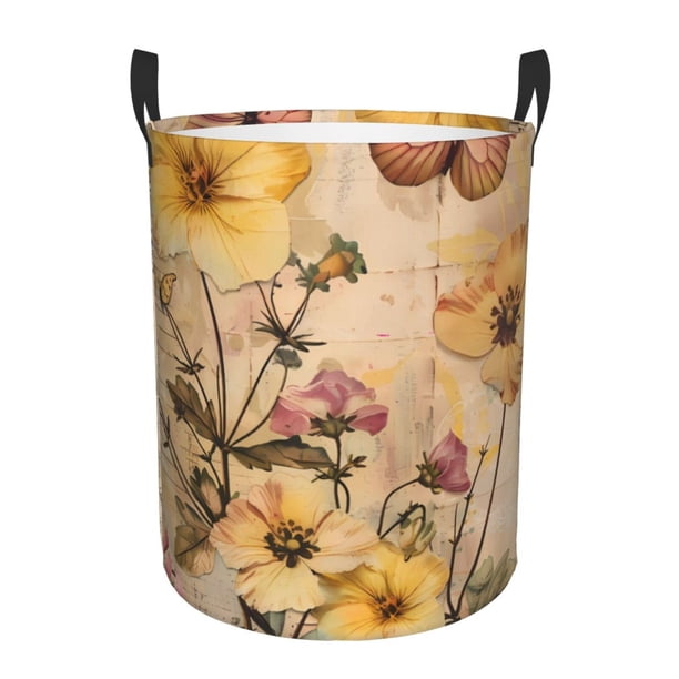 Balery Vintage Floral Butterfly Collage Cesta de ropa redonda con asas, impermeable, independiente, para ropa, juguetes, dormitorio y familia-Medium
