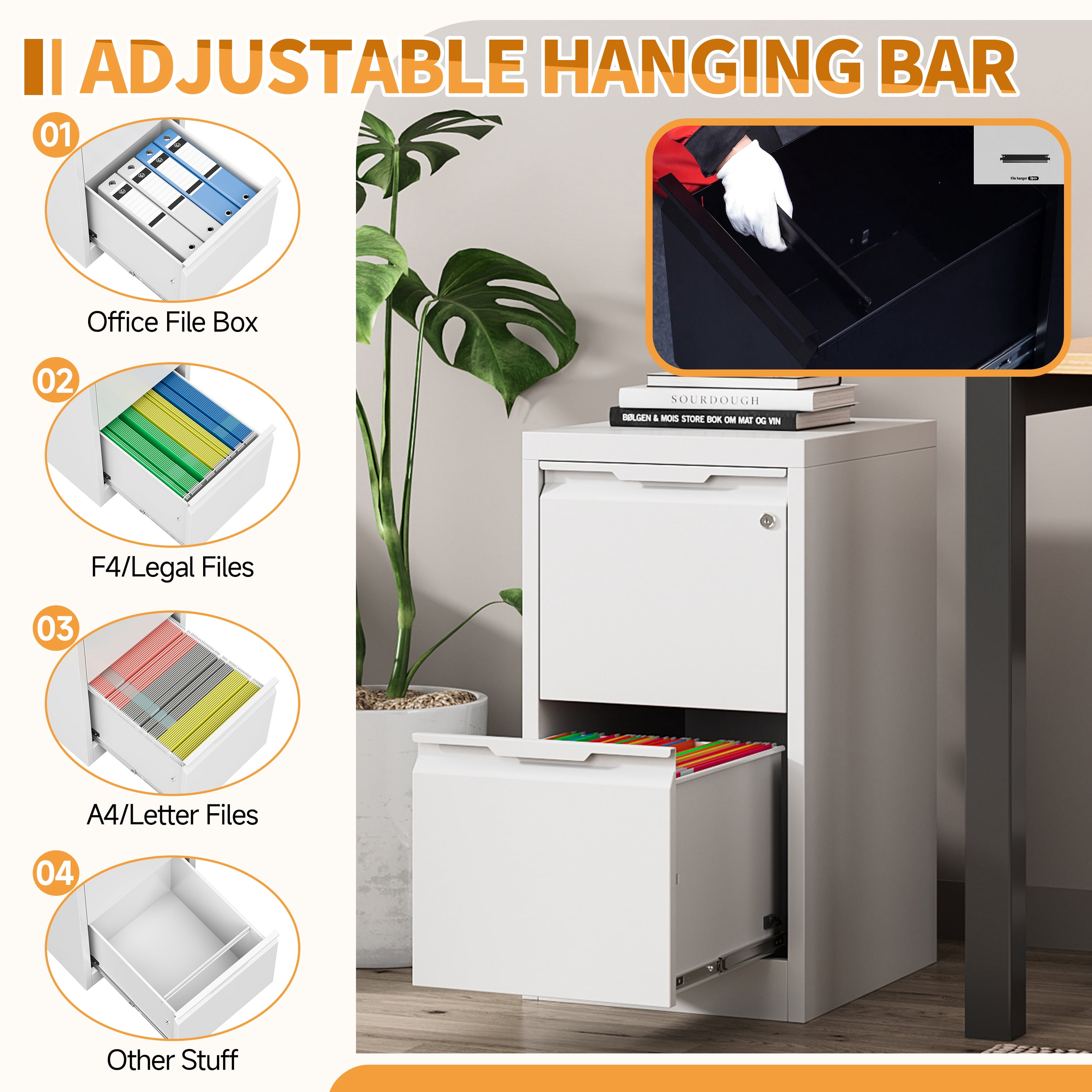 Vertical File Cabinet with Lock, Storage Cabinet with 2 Drawers for Home Office,Metal Filing Cabinet for Legal/Letter/A4 Files,Assembly Required(15''W-2 Drawers,White)