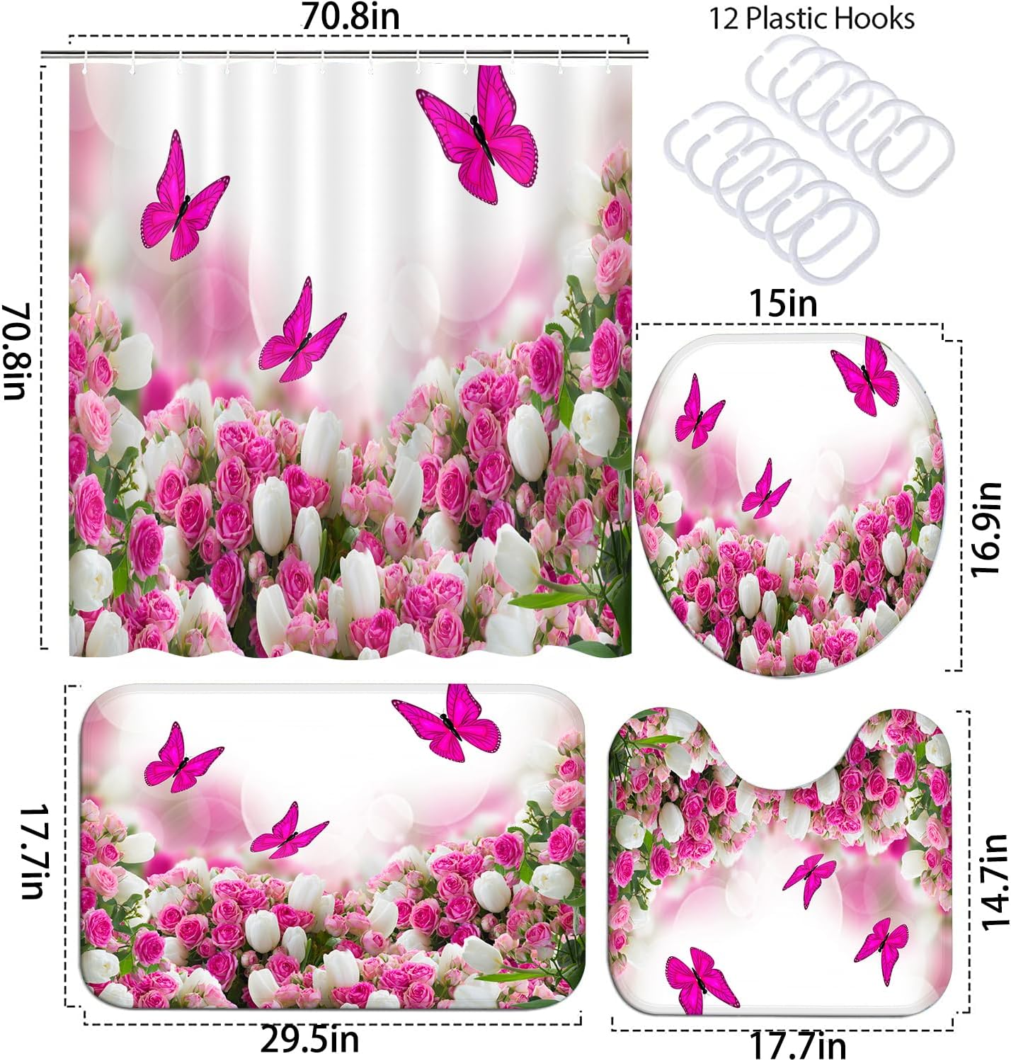Bathroom Sets with Shower Curtain and Rugs, Toilet Lid Cover, Bath Mat, 4PCS Purple Rose Butterfly Shower Curtains for Bathroom, Romantic Flower Shower Curtains Set for Bathroom Decor