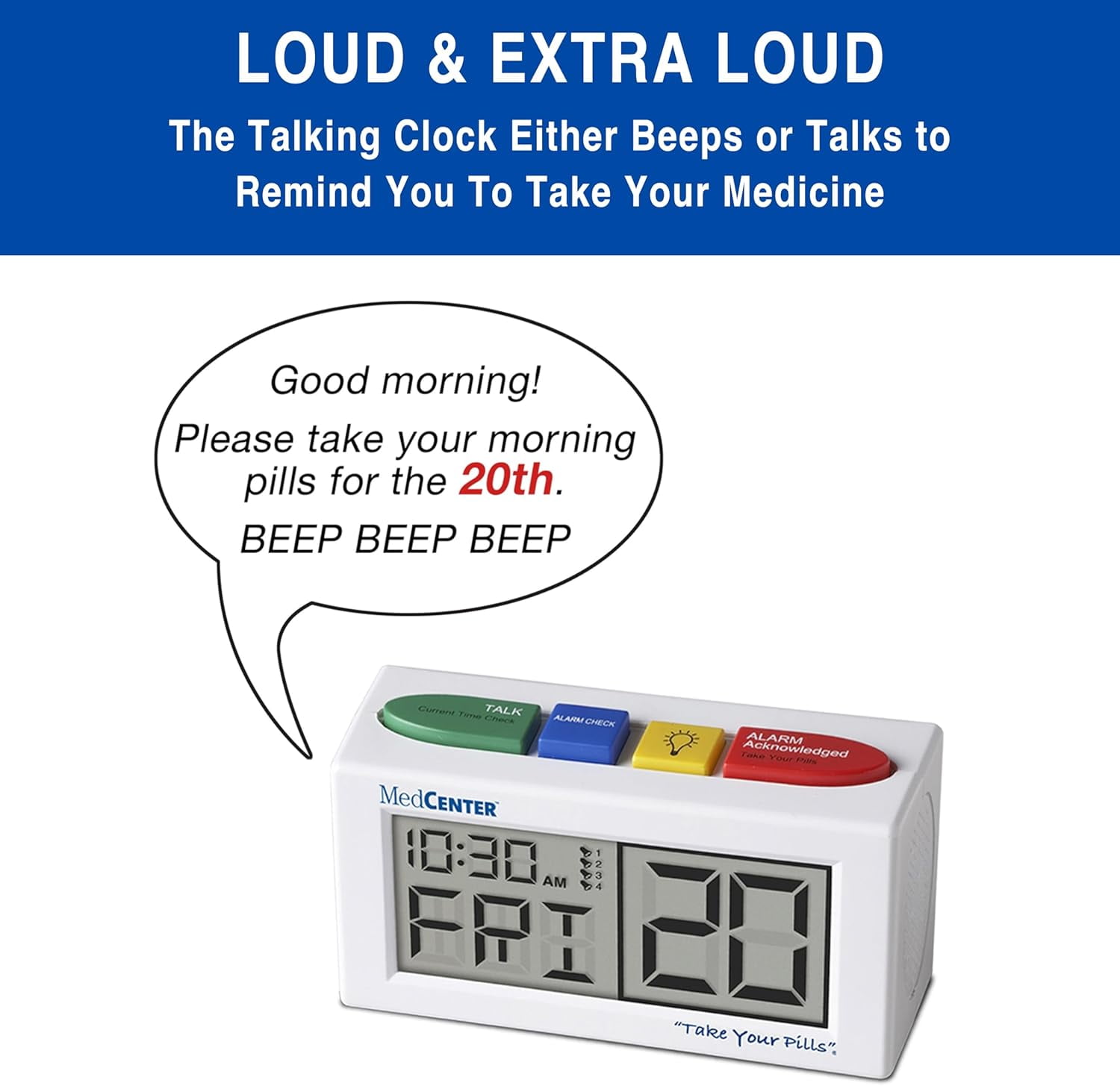 FSA/HSA Medcenter Talking Alarm Clock – Medication Reminder with Easy-Set Alerts for Seniors, Extra-Large Display, 0.56 lb, White