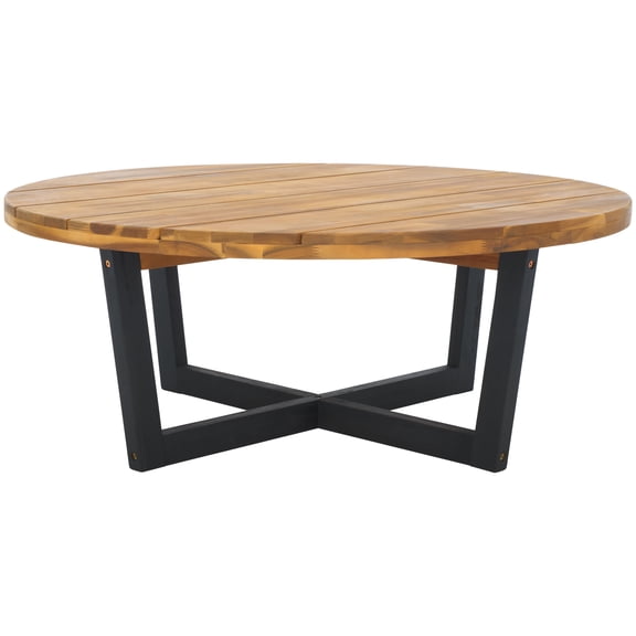 Safavieh Leo Outdoor Mid-Century Round Wood Coffee Table, Natural/Black