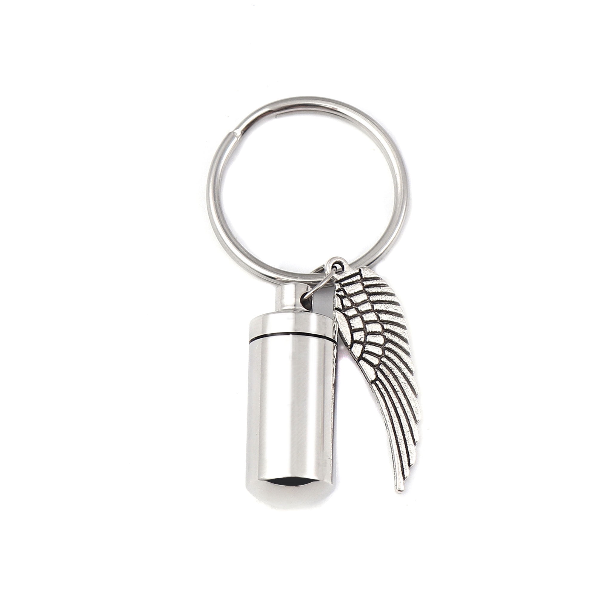 Anavia Stainless Steel Cremation Urn for Human Ashes Cylinder with Angle Wing Charm Keychain