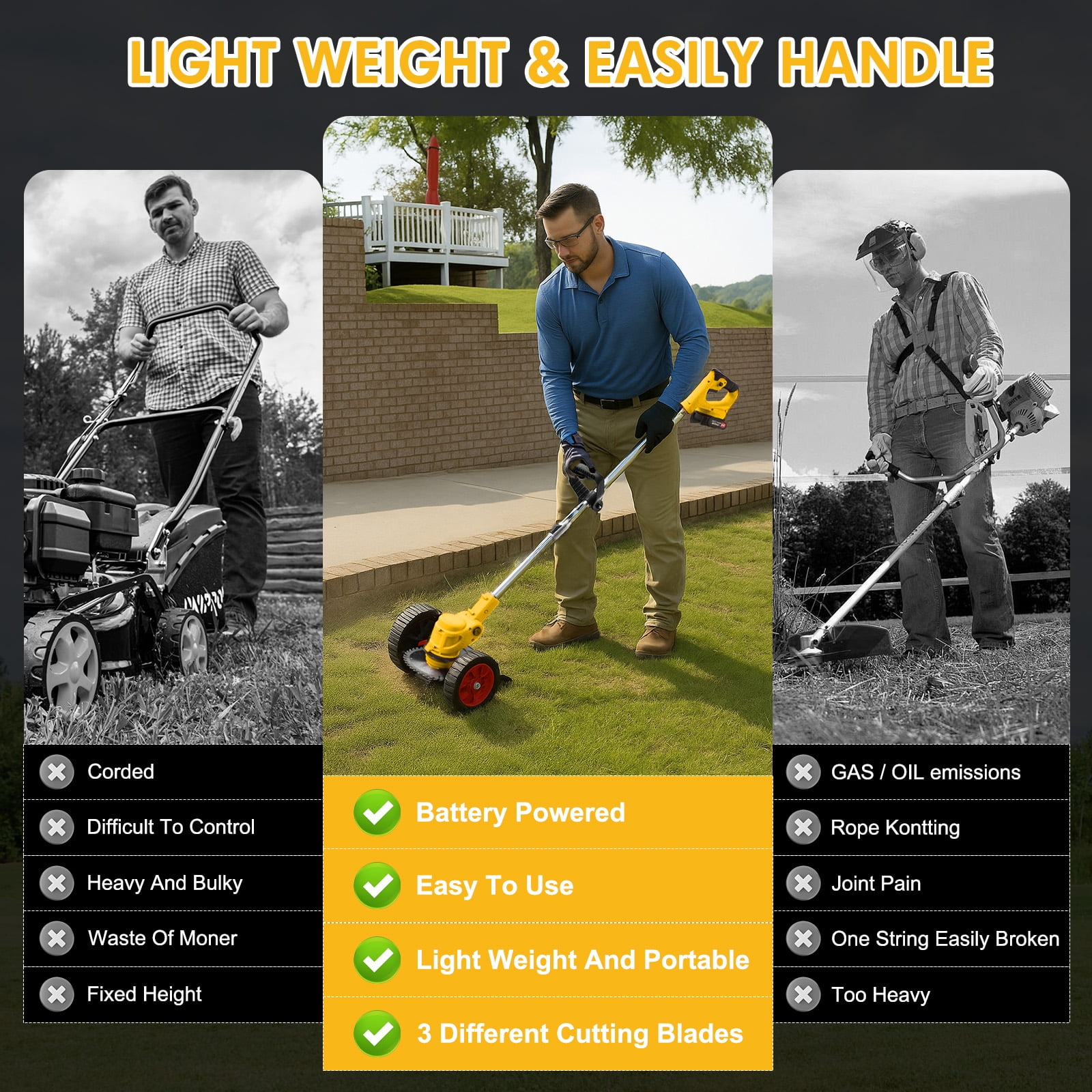 200W Cordless Electric Grass Trimmer, 24V Battery Powered Lawn Edger with 0-90° Angle Adjustment & Dual Safety Switch, Lightweight Wheeled Grass Cutter