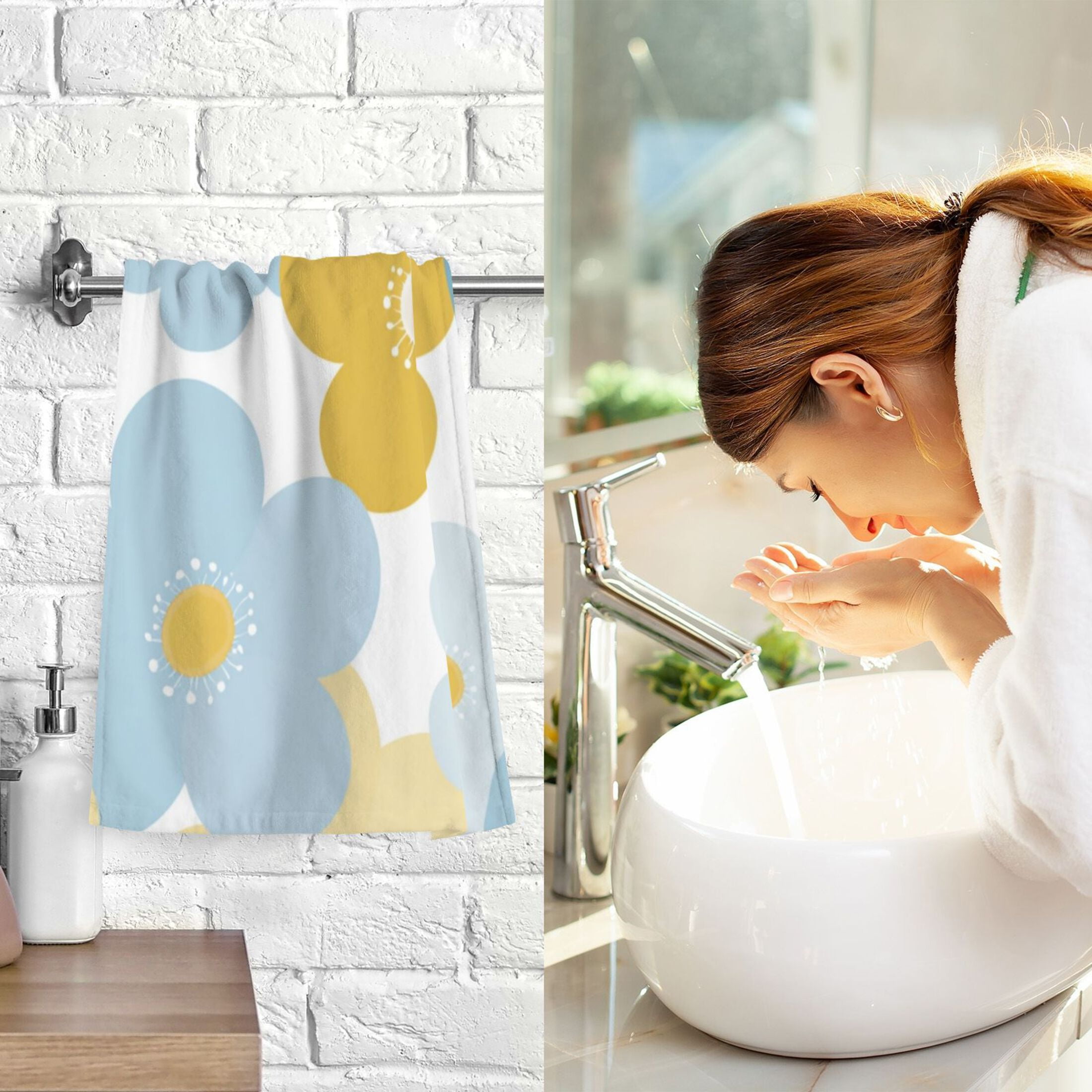 2-Pack Soft 100% Cotton & Highly Absorbent Bath Towel 2 Defferent Pattern Designs Flat Color Retro Flower Daisies on A Blue Background