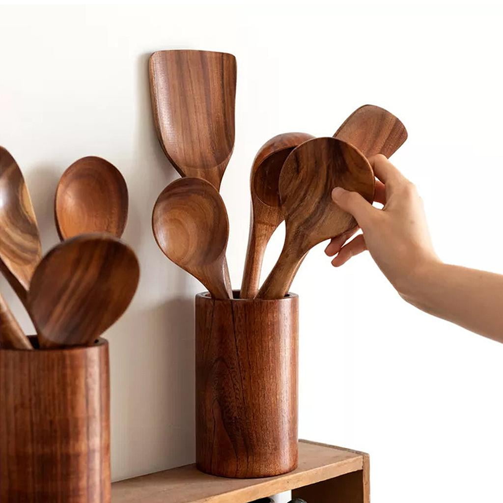 Kitchen Utensils Set With Holder, Kitchen Wooden Utensils For Cooking, Wood  Utensil Natural Teak Wood Spoons For Cooking,wooden Kitchen Utensil Set  With Spatula And Ladle, Father's Day Gifts - Temu