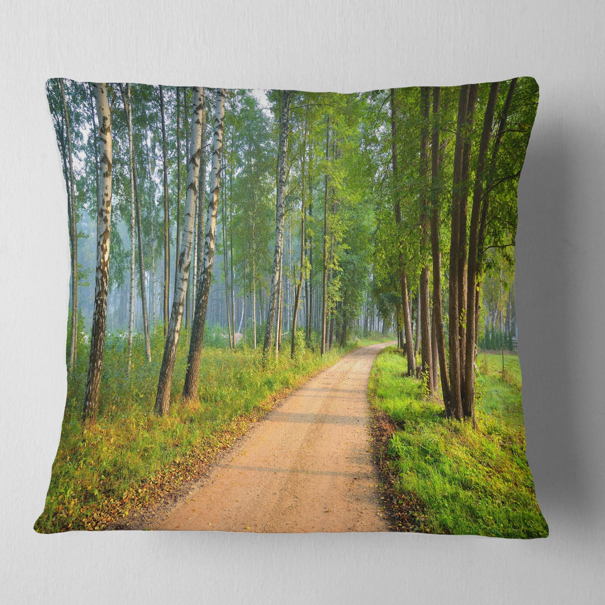 Designart Road in Green Morning Forest - Landscape Photo Throw Pillow - 16x16