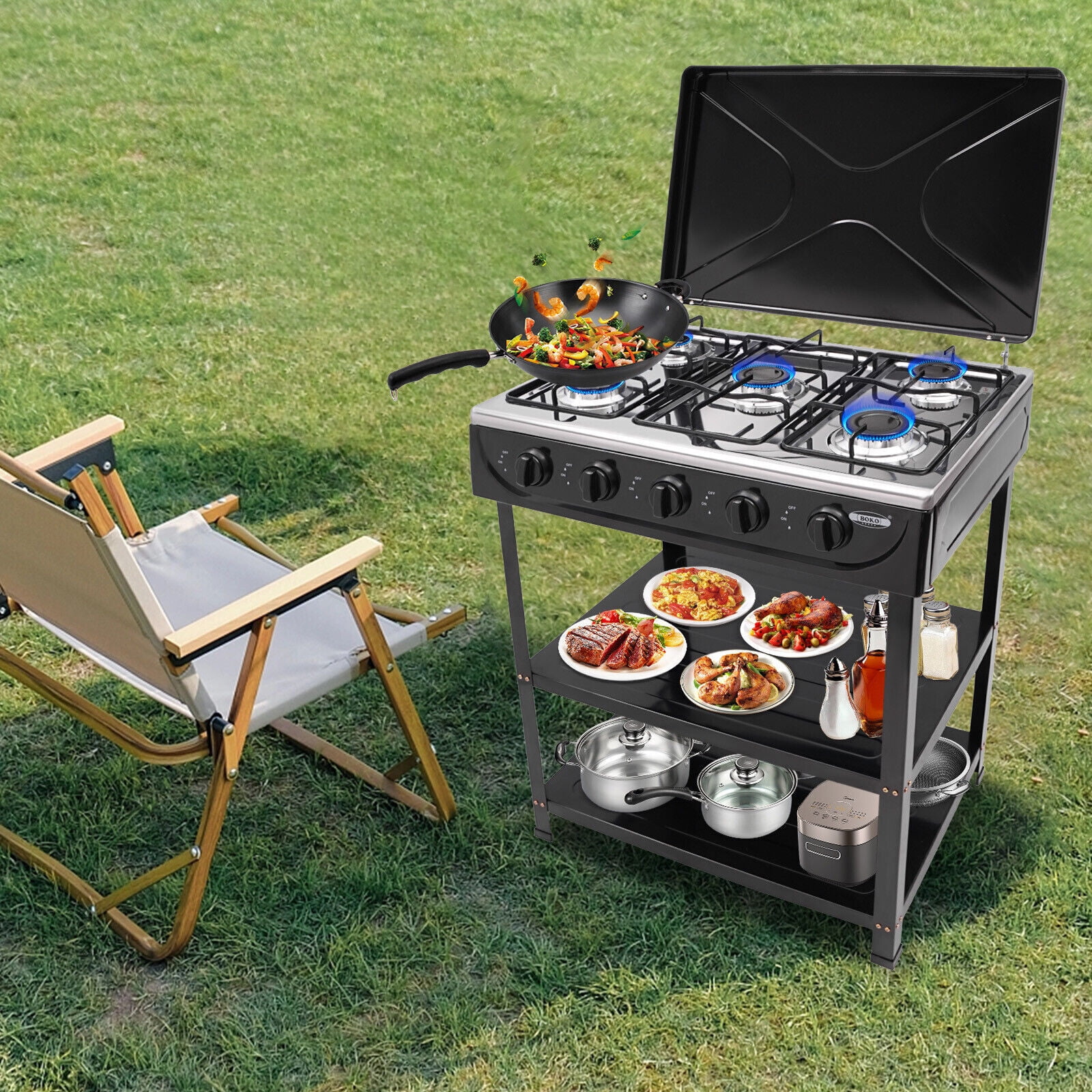 5-Burner Gas Stove Outdoor Camping Cooking BBQ Grill with 2-Tier Storage Rack