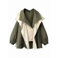 thumbnail image 2 of Female'S Hooded Trench Coat Lapel Button Down Jacket Color Block Mid-Length Windbreaker Green XXXL, 2 of 6