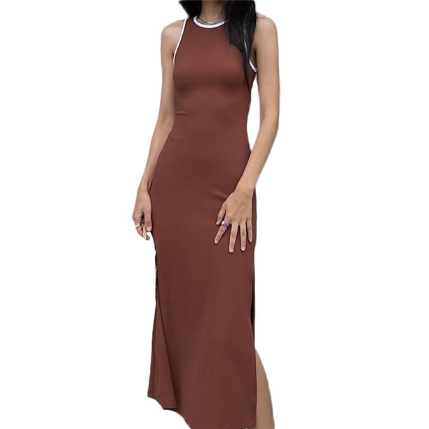 Txlixc Vestido largo sin mangas, cuello redondo, espalda hueca, estilo de Club de alta puntuación Txlixc moda