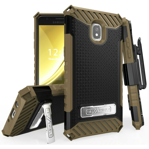 Case with Clip for Galaxy Express Prime-3/Amp Prime-3, Brown Tri-Shield Rugged Cover and Belt Hip Holster [with Kickstand   Wrist Strap] for Samsung Galaxy Express Prime 3, Amp Prime 3, Galaxy Sol 3