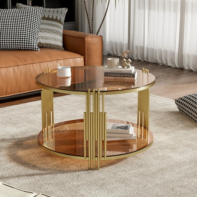 Table Basse en Verre de 31,5 Pouces avec Rangement, Table Centrale Ronde avec Tablette, Table Basse Ronde à 2 Niveaux pour Salon Moderne avec Miroir Brun, Base Tambour Circulaire en Métal, Fini Or et Tablette Inférieure