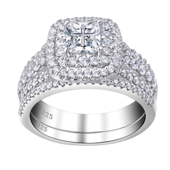 Newshe Jewellery Wedding Rings for Women Princess Engagement Ring Sets 925 Sterling Silver 1.7Ct Cross Cz Size 7
