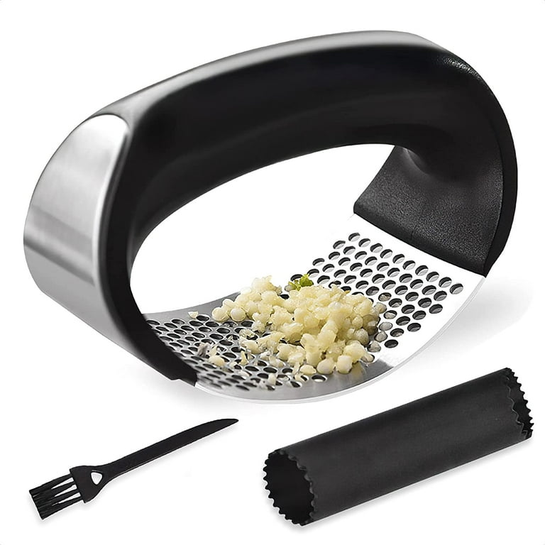 Xiangguanqianying 2 in 1 Garlic Press Garlic Slicer and Mincer, Dual Function Garlic Mincer and Slicer with Garlic Cleaner Brush and Silicone Tube Peeler Set,Ginger