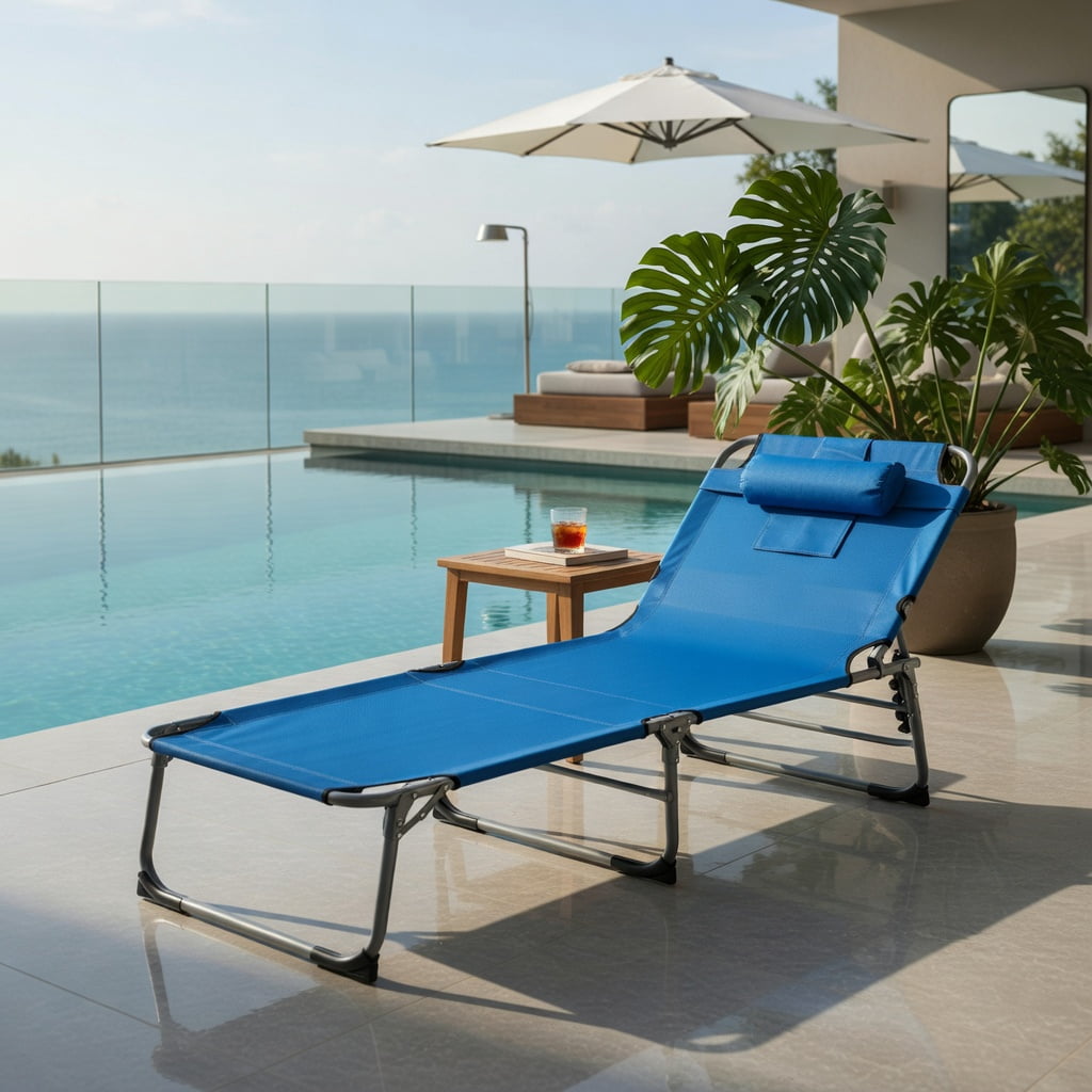 Hommoo Folding Chaise Lounge Chair with Face Hole, Adjustable Beach Lounger for Sunbathing, Camping, Fishing & Outdoor Napping, Blue