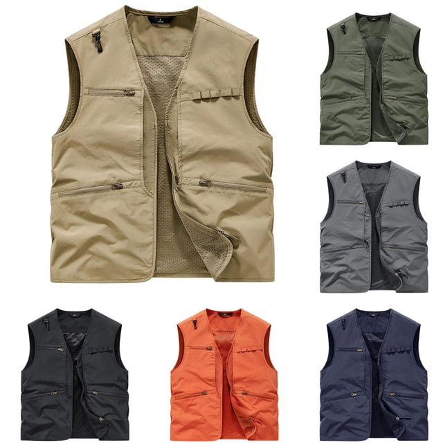 BiZtdJrK Mens Hiking Vest Zip Up V Neck Sleeveless Work Cargo Jackets Lightweight Ripstop Outdoor Vests with Pockets Army Green M