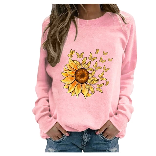 HKEJIAOI Chandail Graphique Tournesol Femme Manches Longues T-Shirt Décontracté Col Rond chandail Ample, Rose 2TG