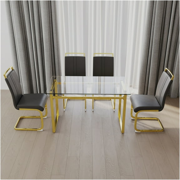 JERFIT 5-Piece Modern Dining Set with Tempered Glass Table & PU Chairs, Gold Legs Kitchen Table for 4, Small Space