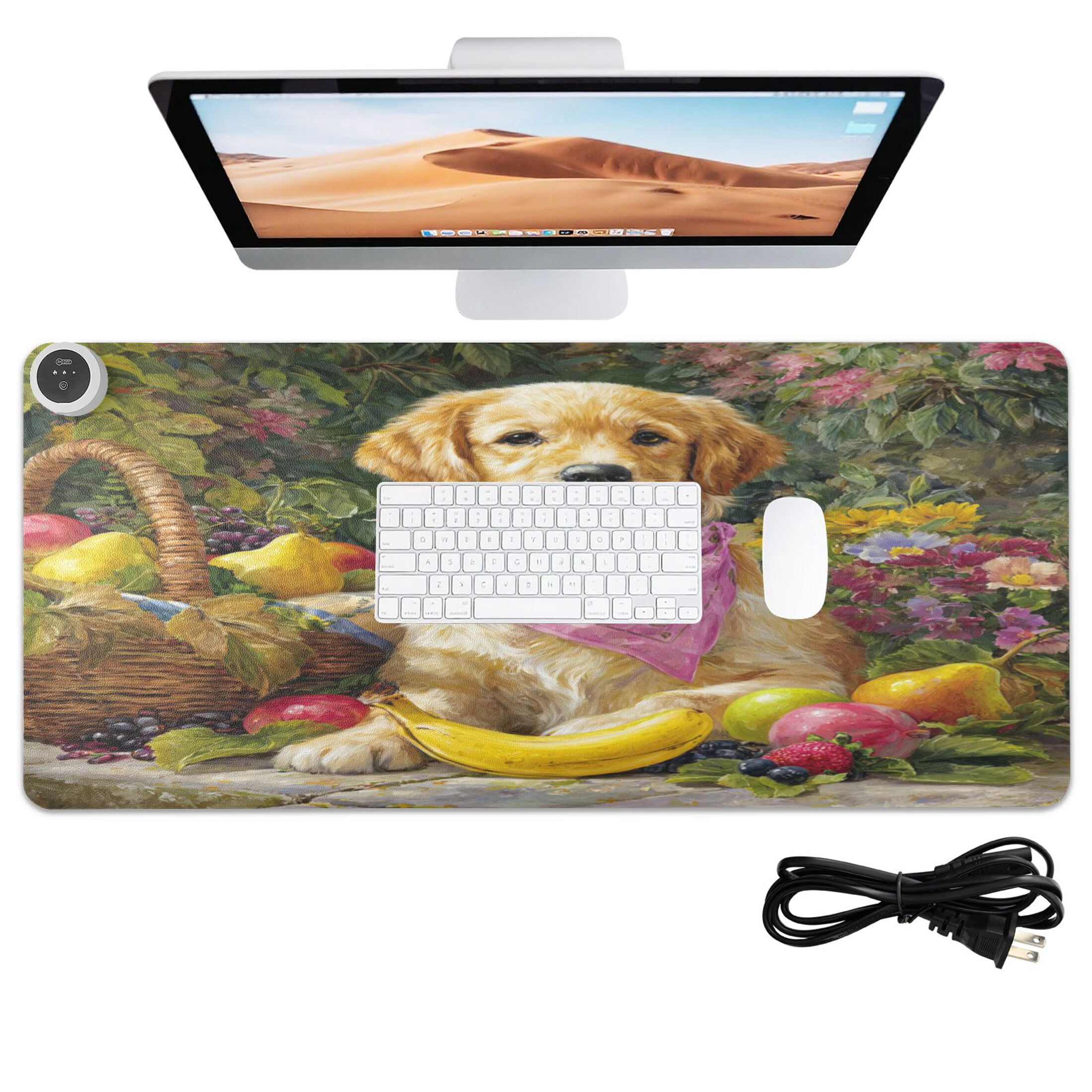 Large Heated Desk Mat Mouse Pad 31.5"x13"PU Leather Graphene Heating Desk Warmer with 3 Temperature Settings 110V US Plug Non-Slip Warm Pad for Home, Office, and Gaming Golden Retriever with Scarf