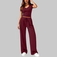 thumbnail image 4 of 2 Piece Sets for Women Ribbed Slim V Neck Crop Tops Matching Straight Leg Ruched Pants Summer Vacation Outfits, 4 of 8