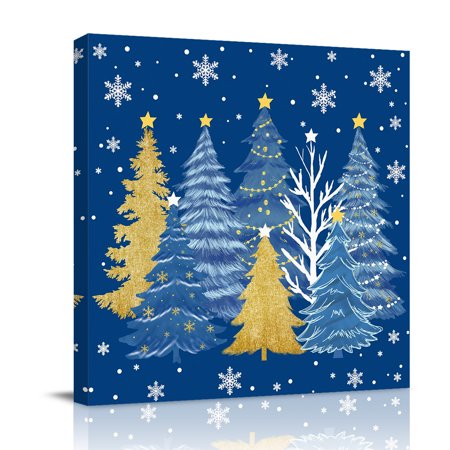 Canvas Wall Art Blue Christmas Tree Framed Canvas Prints for Bathroom Desk Blue Golden Xmas Tree Snowflake Winter Small Gallery Wrapped Wall Decor for Home Office Gifts 8 x8 Ship Next Day