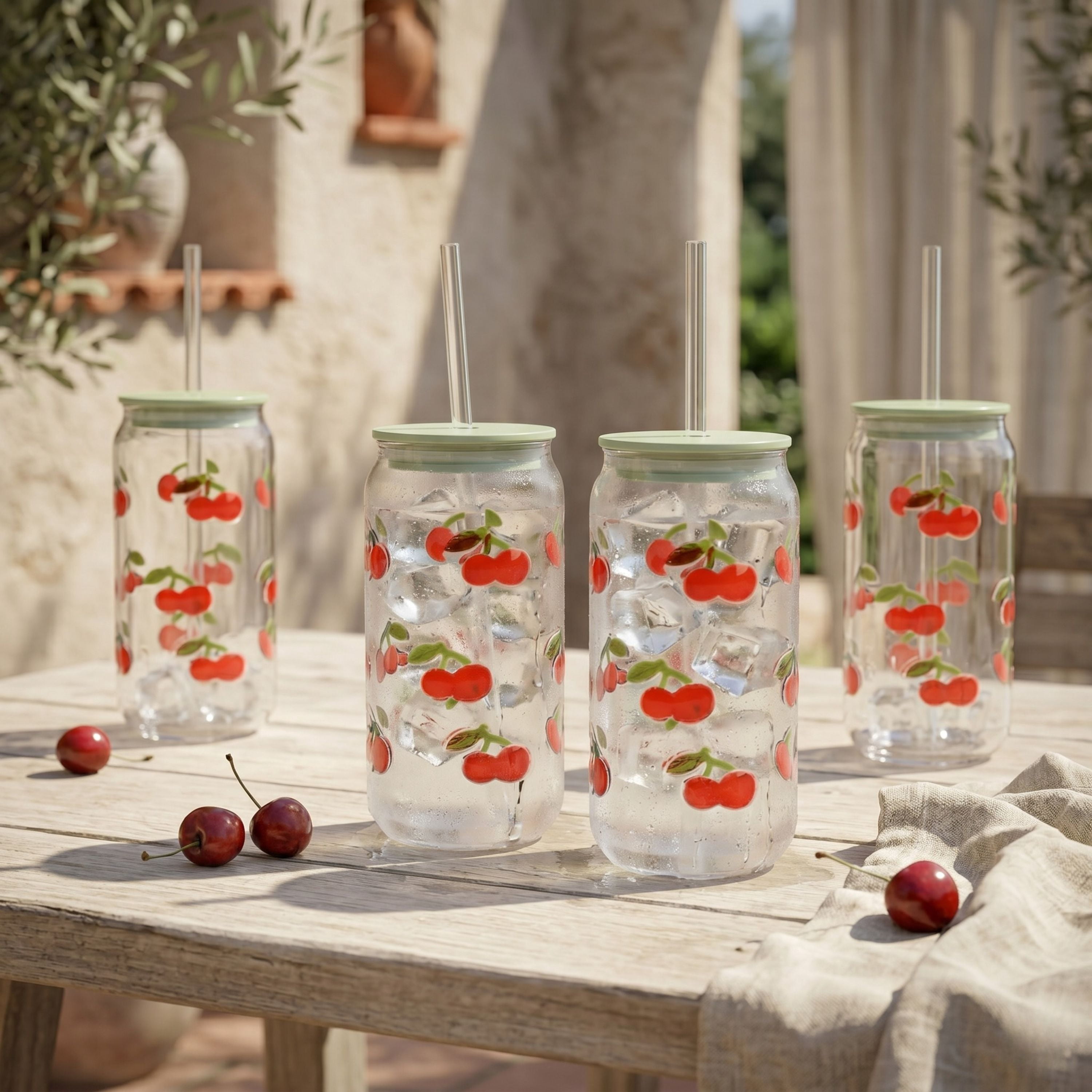 Just Feed Me by Jessie James Decker 4-Piece 18oz Embossed Cherry Can Sipper Tumbler with Straw Set
